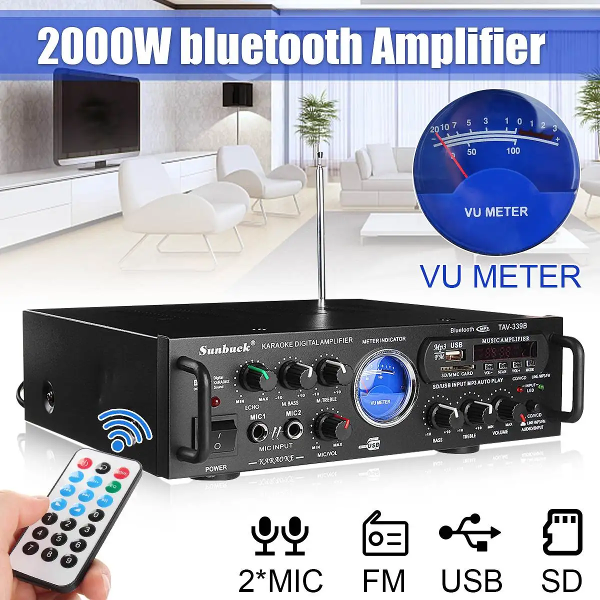 

SUNBUCK 220V Bluetooth Digital HIFI Amplifier Audio Processor USB Power Stereo Karaoke Connected MP3/DVD Home Amplifiers Theater