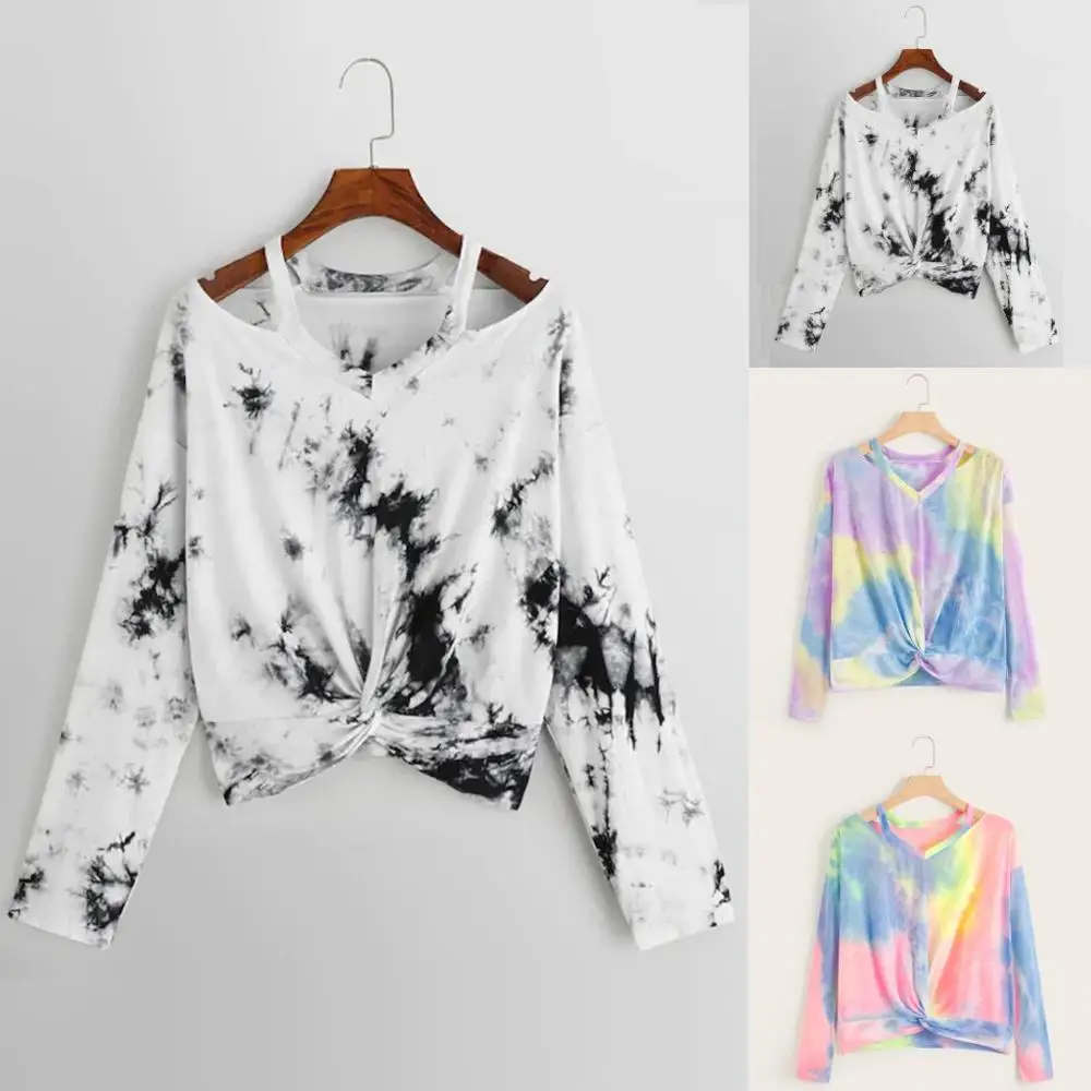 

Chamsgend Women Gradient Contrast Color Top Young Girl V-neck Short Shirt Full Sleeve Daily Wearing shirt Camiseta Gradie HS3M