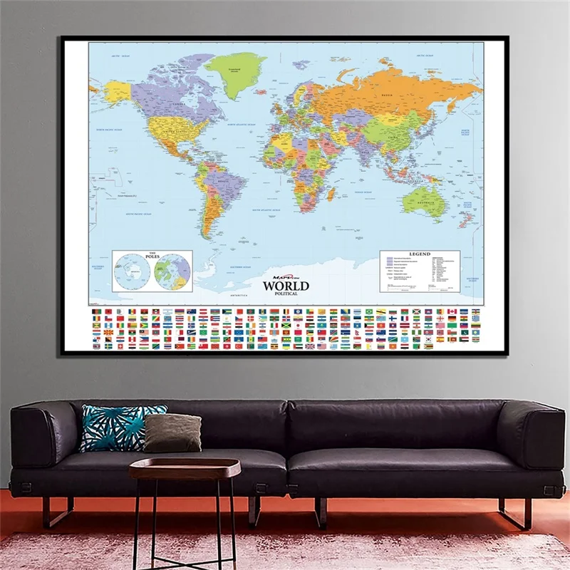 

150x100cm Foldable The World Political Map with National Flags Waterproof Large World Map Wall Sticker for Culture and Travel