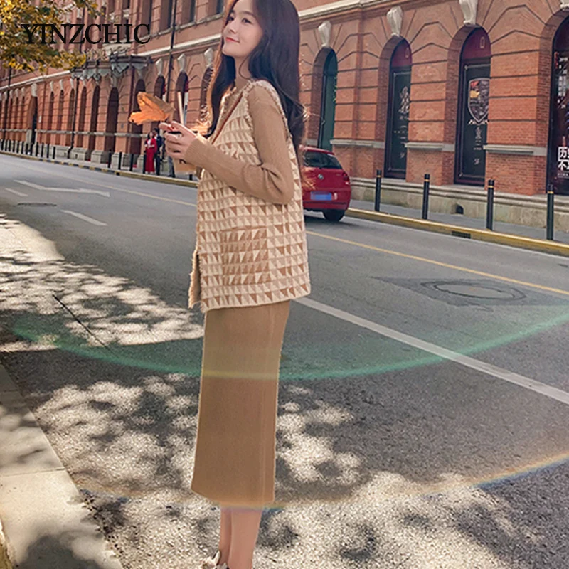 Новый женский осенний вязаный костюм клетчатый жилет Tessels + платье-карандаш