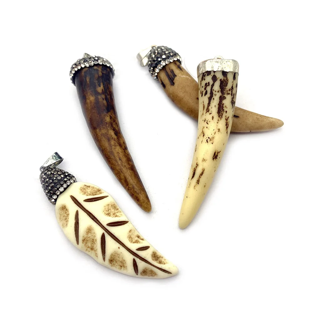 1pcs Resin Beef Bone Pendant Flared Leaf Shape Set with Diamonds DIY Necklace Jewelry Making Accessories Natural Stone | Украшения и