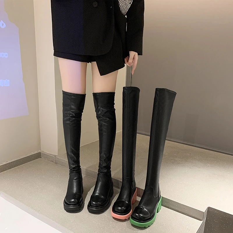 

Женские зимние высокие сапоги, бархатные ботильоны на платформе, непромокаемые сапоги до колена, женская обувь, Осень-зима 2021