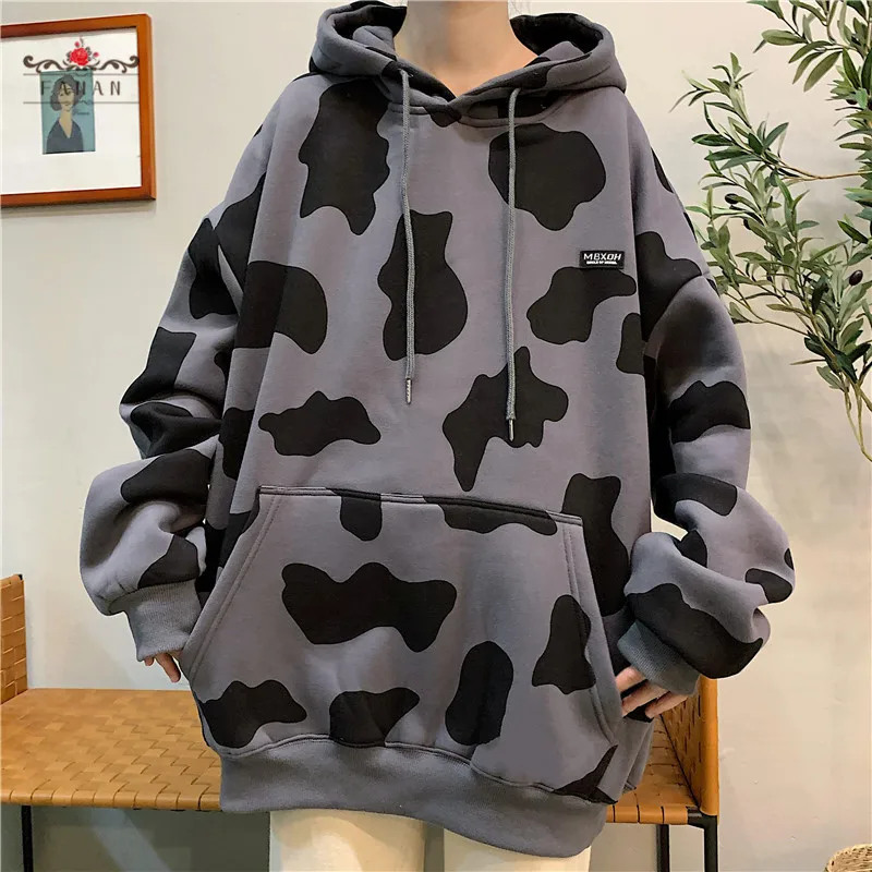 

Women Hoodies Cow Print Casual Sweatshirt Spring Autumn Long Sleeve Loose Hoodie Plus Cashmere Fashion Lady Pullover Tops