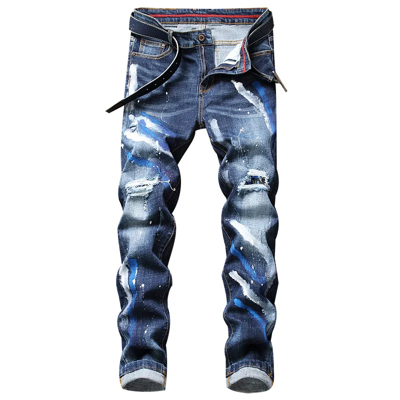 

2021 Spring New Men's Jeans Homme Pantalones HombreRipped Blue Jeans Fashion Graffiti Regular Fit Stretch Hole Denim Pants