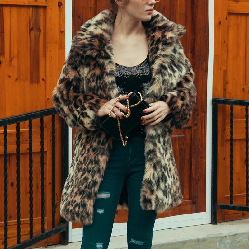 

Fashion New Womens Leopard Faux Fur Coat Winter Thicken Warm Long Sleeve Slim Fur Coat Outerwear Elegant Trench Overcoats 3XL