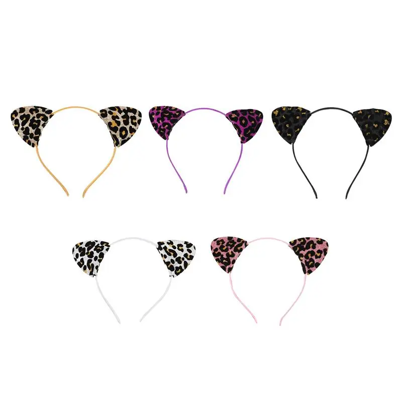 

5 Pcs Cat Ear Hairbands Leopard-print Hair Hoops Party Glitter Headband