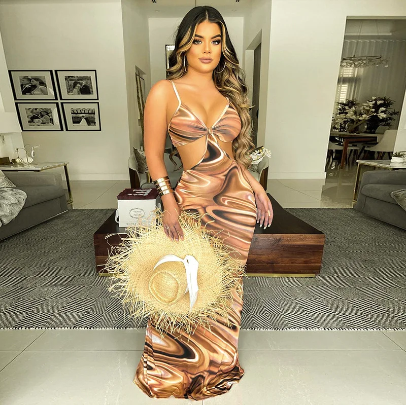 

Summer 2021 Fashion Halter Women Dress Print Sleeveless Hollow Out Bodycon Casual Dresses Sexy Maxi Club Evening Dress Party