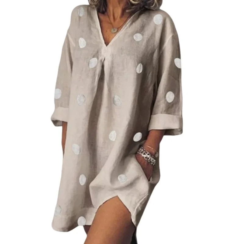 

Casual Summer Dress Open Side Vintage Retro Large Size Women 4xl 5xl Dress Flax Sukienka Polka Dot Print Dress Deep V Neck 2021