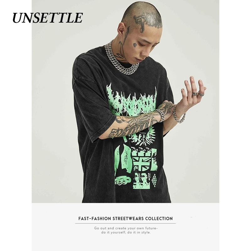 UNSETTLE Мужская футболка с коротким рукавом тяжелая ткань уличная мода панк-рок