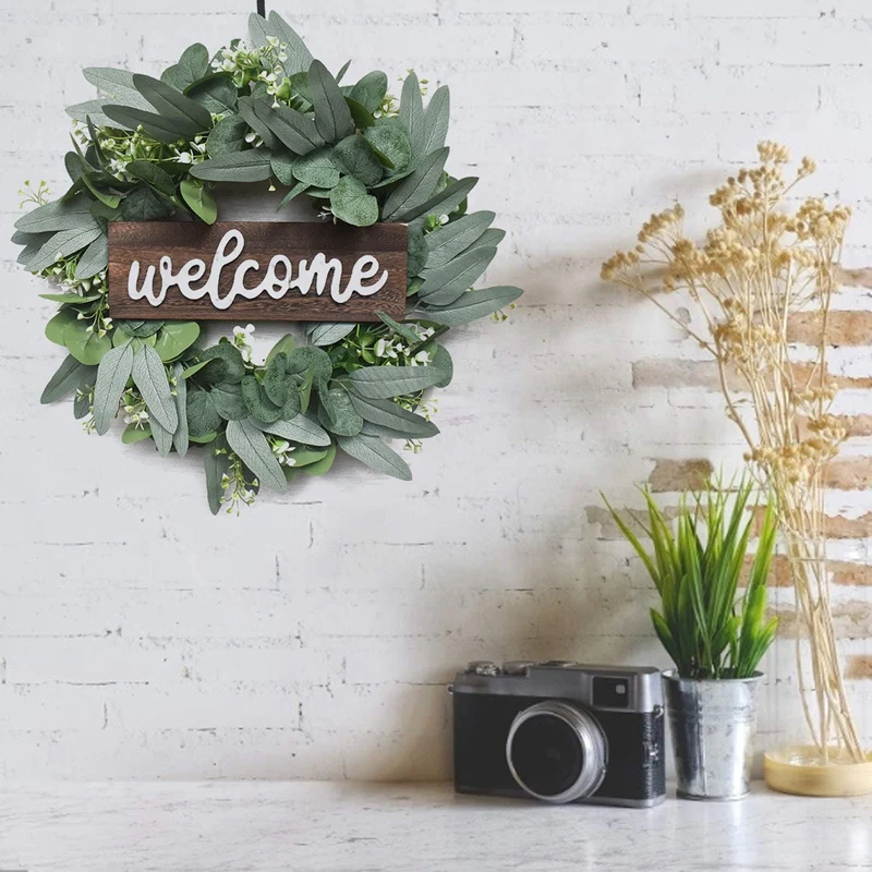 

Artificial Eucalyptus Leaves Decorations Wreath Christmas Wreath Holiday Decor with Welcome Wood Board ForHome Window