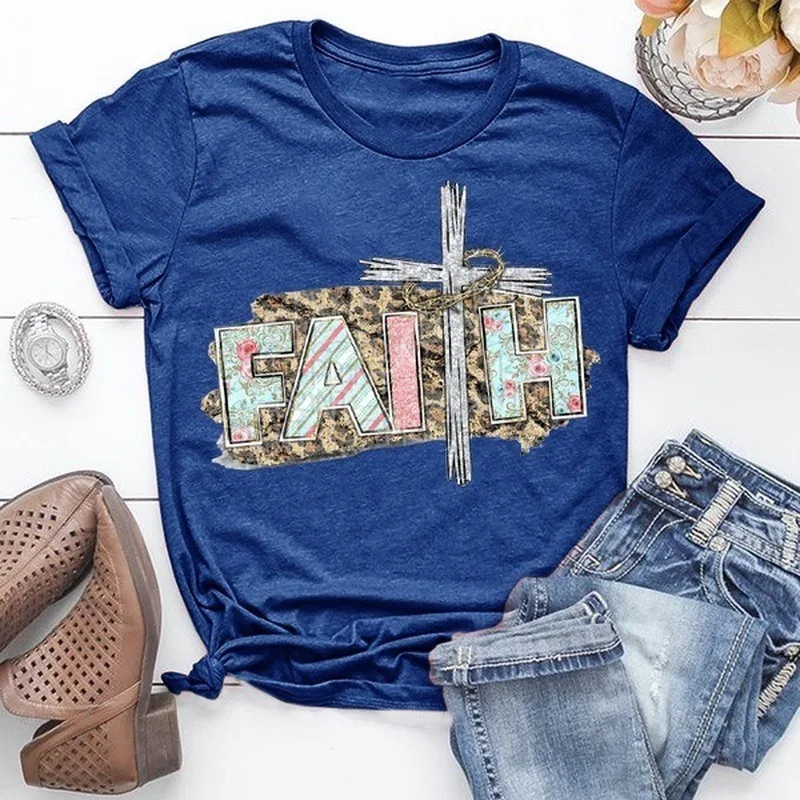 

Women T Shirt Leopard Faith Letter Print Tshirt Women Short Sleeve O Neck Loose T-shirt Ladies Summer Causal Tee Shirt Clothes
