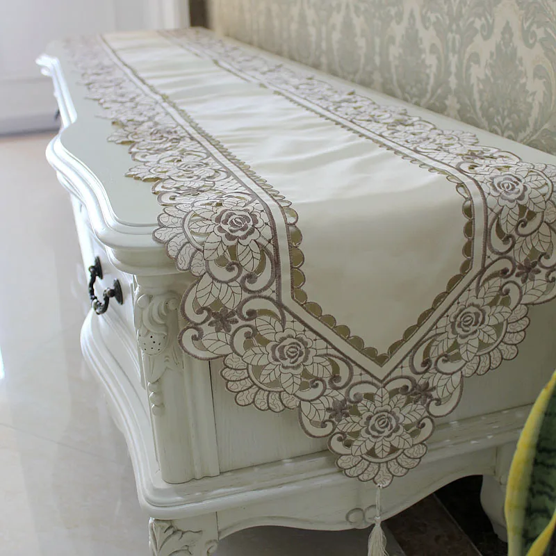 

Fashion Waterproof Table Cloth Hollow Embroidered Pattern Pastoral Style Home Hotel Elegant Decorative Cover Table Linen Runner