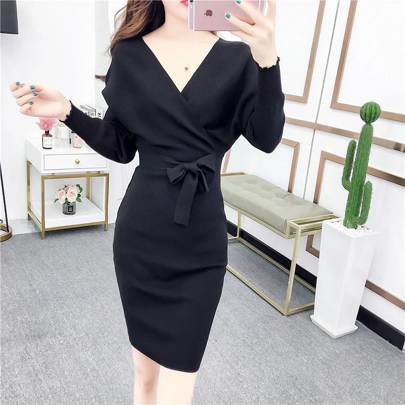

Autumn Winter Women Knitted Sweater Dress 2021 New Korean Long Batwing Sleeve V Neck Elegant Dress Ladies Bandage Dress