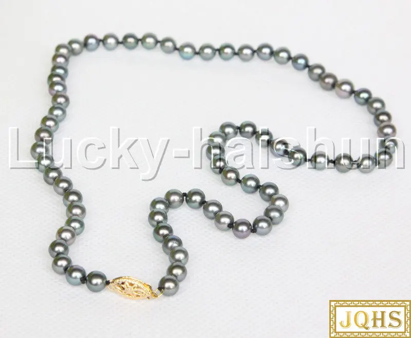 

JQHS AAAA+++ PERFECT ROUND genuine peacock black cultured pearls Beaded knotted Strand necklace 14K clasp 17" j12176