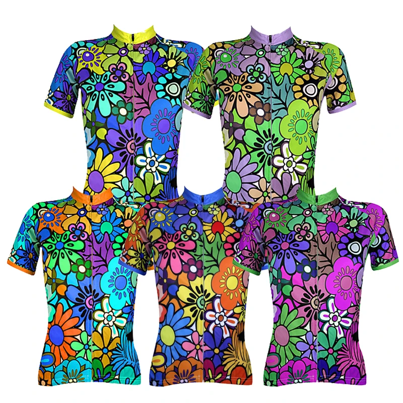Women's Short Sleeve Cycling Jersey - Rainbow Floral/ Botanical Bike Jersey Top Breathable mtb jersey
