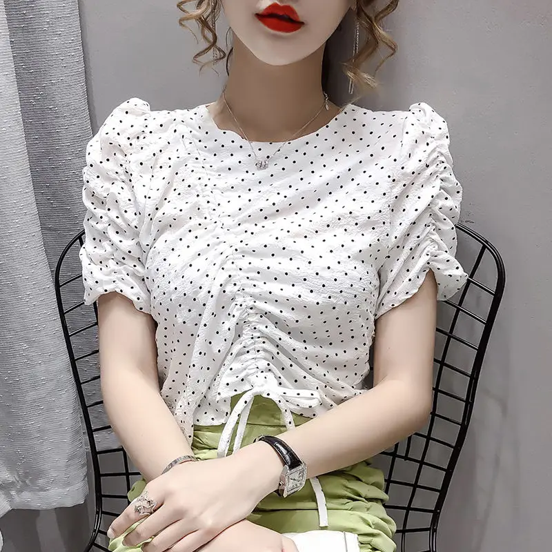 

Drawstring Bubble Sleeve Pleated Slim All-match Personality Short Sleeve Pullover O-Neck Point Elegant Casual Shirt Top