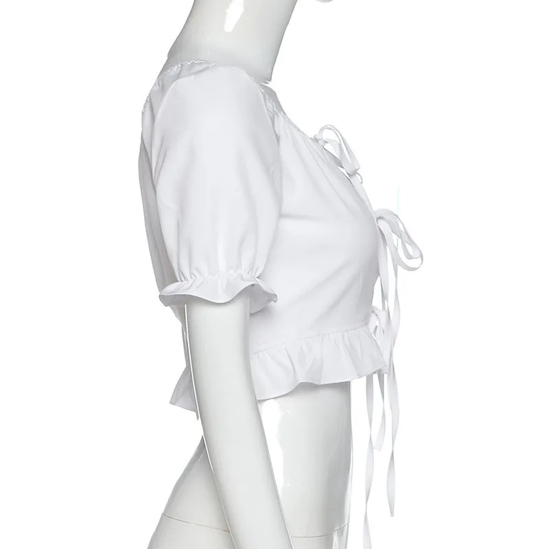 

Summer Casual Solid T-shirt Women Fashion Puff Sleeve Female Short Tops Slim Bandage White Tees Women's Clothing