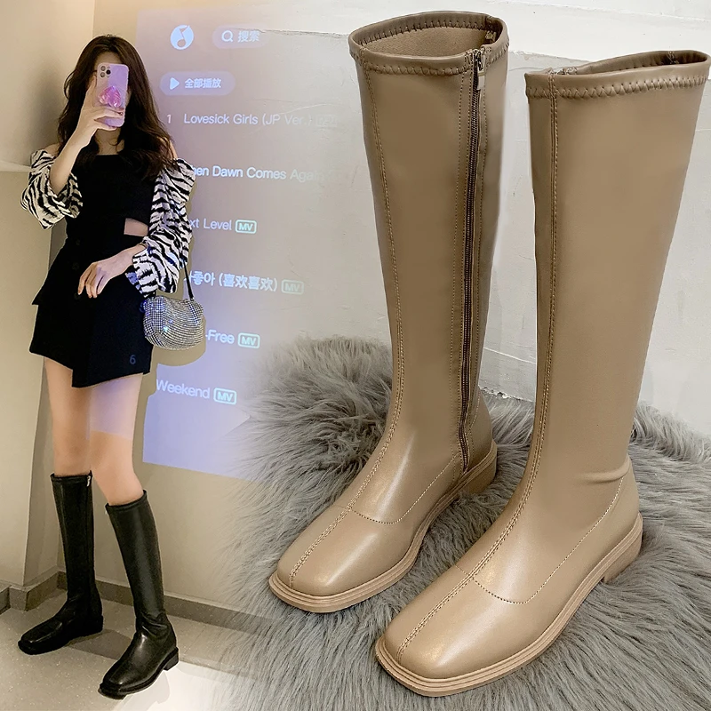 

Женские ботинки на платформе 2021, зимняя готическая обувь, длинные сапоги, женские модные черные, бежевые сапоги до середины икры, сапоги без ...