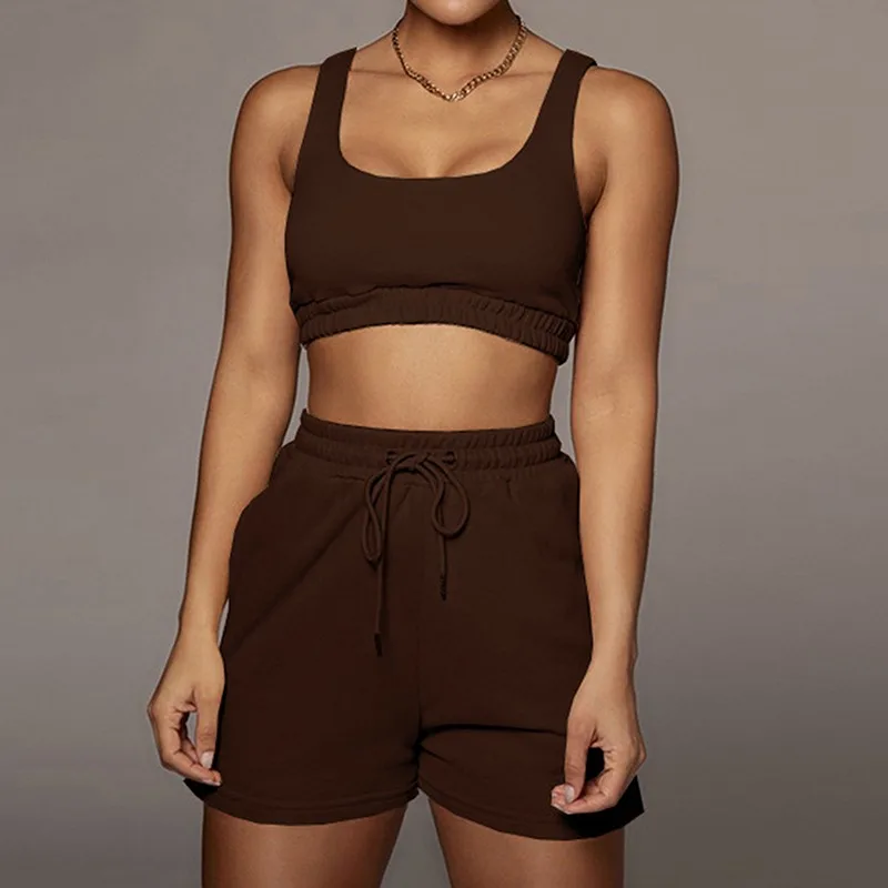 

Casual Solid Sportswear Two Piece Sets Women 2021 Crop Top And Drawstring Shorts Matching Set Summer Athleisure Outfits