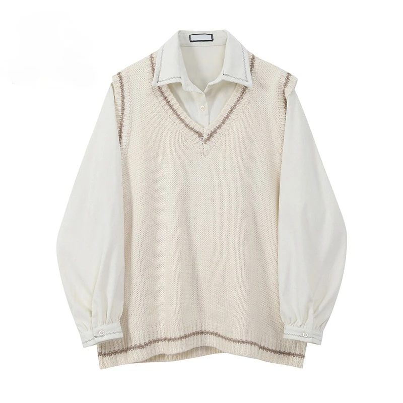 

Elegant Tops For Women Preppy Style Blouse Office Lady Oversized Shirt And Sleeveless Vest Female Casual Vintage Two Piece Set
