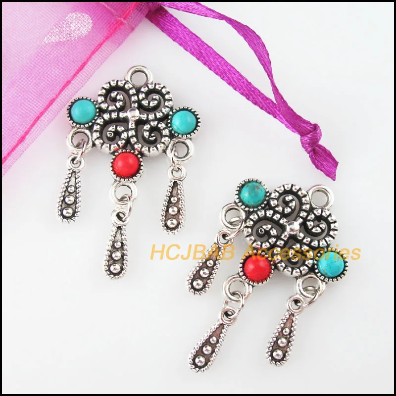 5 шт. Тибетский Серебряный тон китайский узел цветной камень каплевидные