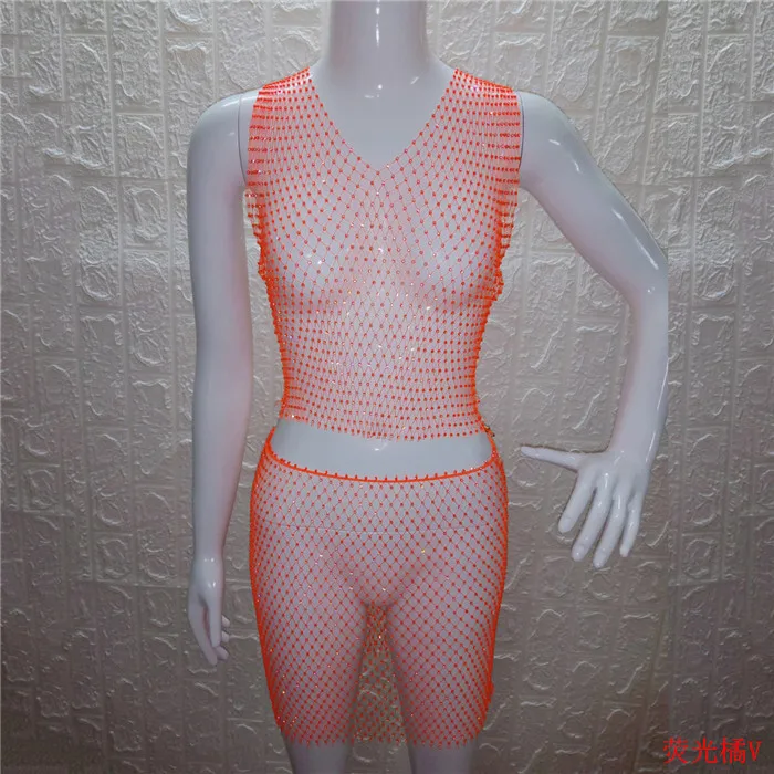 neon orange V-neck Блестящие Кристальные Стразы, женская одежда, сетчатые Прозрачные топы, клетчатые сексуальные мини юбки, летний комплект из 2 предметов, Клубные, трендовые - Цвет: neon orange V-neck