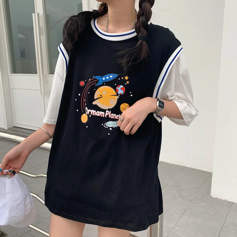 Футболка женская из двух предметов повседневный Свободный Топ в стиле Харадзюку