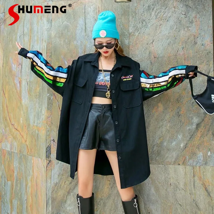

Fashion Colorful Sequins Long Sleeve Single-Breasted Blouse Female 2021 Autumn New Versatile Loose Denim Shirt For Ladies