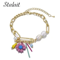 golden chains bracelets charm paper clip resin chrysanthemum colorful chain tassel crystal beads irregular shape pearls bracelet