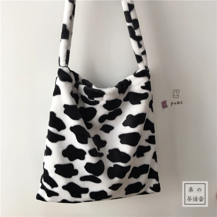 

Ladies Bucket Bag Wallet Cute Cow Pattern Handbag Designer Shoulder Bag Luxury Plush Shoulder Bag Large Capacity Handbag