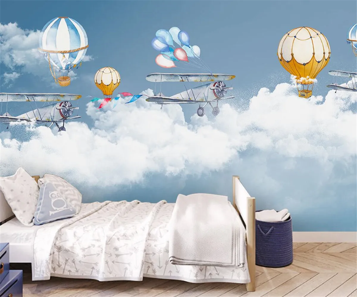 Custom wallpaper photo Nordic hand-painted cartoon hot air balloon starry sky children's room background wall mural 3d | Обустройство