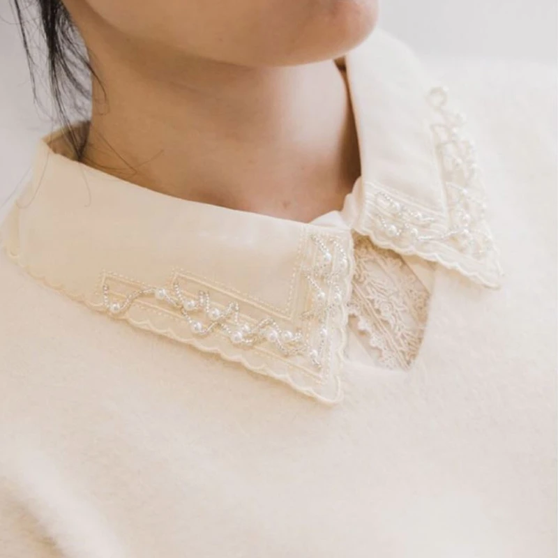 

Women Vintage Elegant Layered Chiffon False Fake Collar Lace Patchwork Imitation Pearl Beaded Lapel Half Shirt Dickey