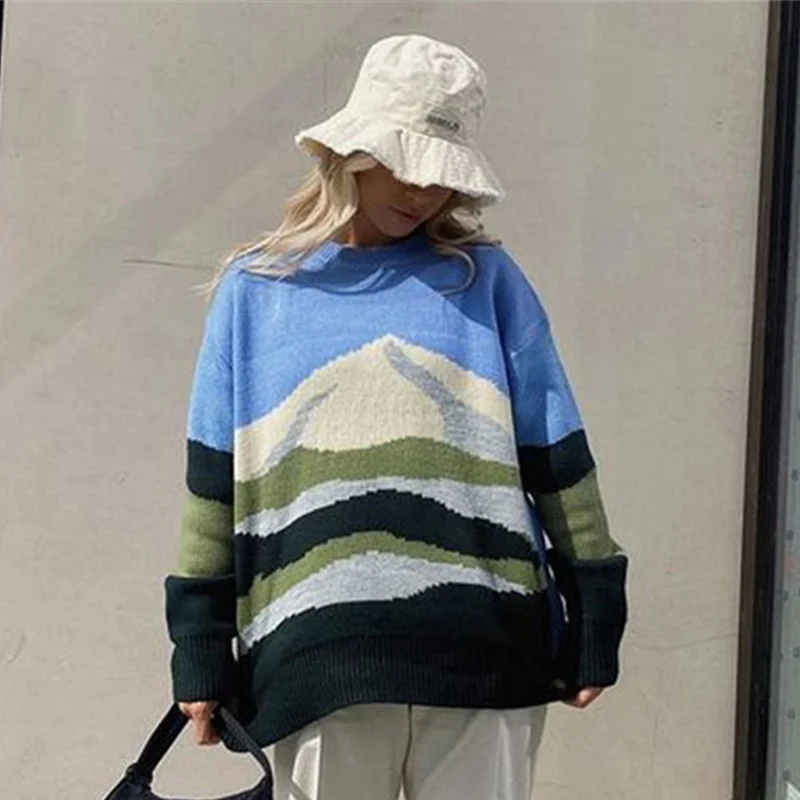 

Women Sweaters Knitted Oil Painting Pullover Female Color Block Loose Aesthetics Sweater Women Autumn Winter Fashion Knitwear