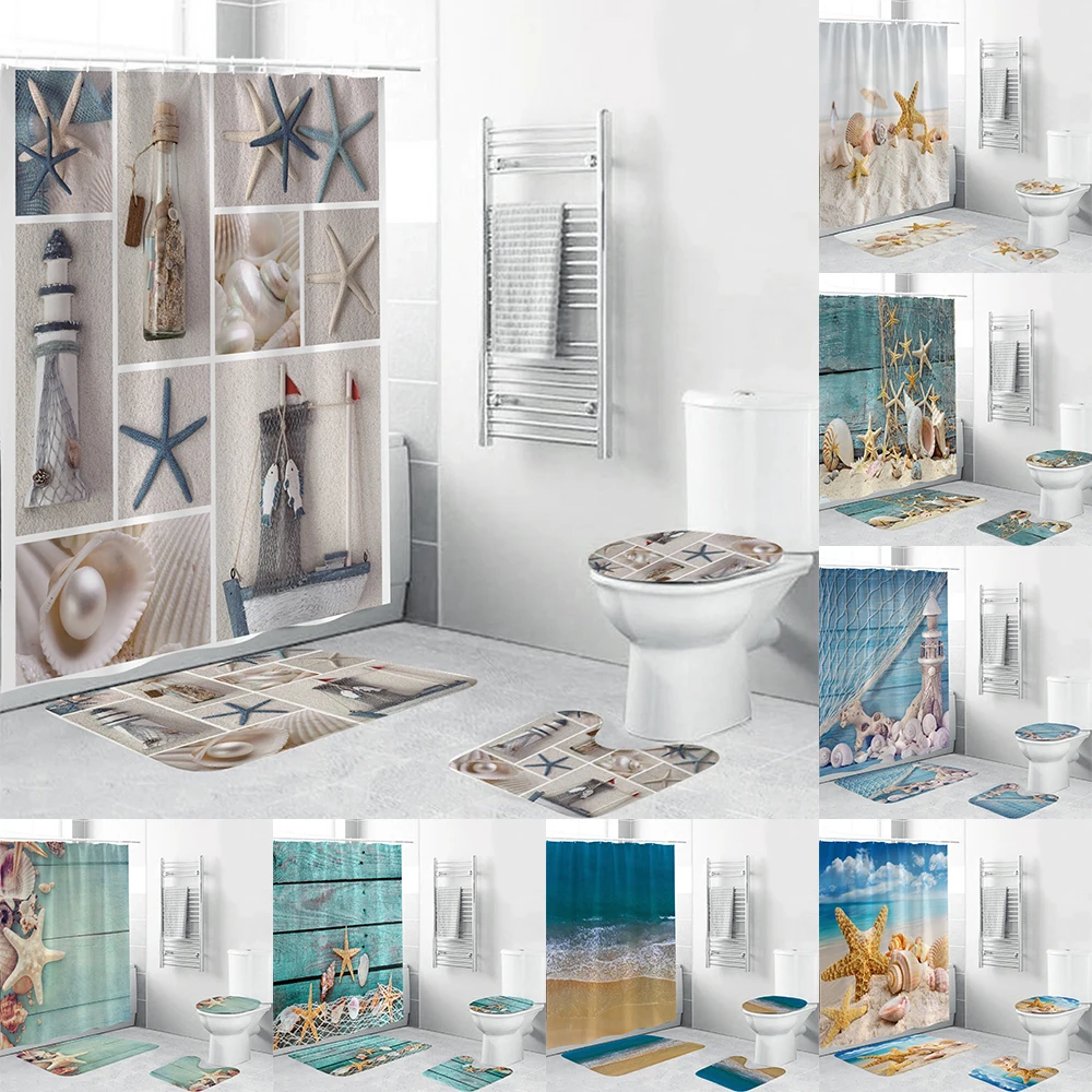 Занавеска для душа с изображением морской звезды, пляжа, аксессуары для декора ванной комнаты, 4 предмета, крышка для коврика, крышка для туа...