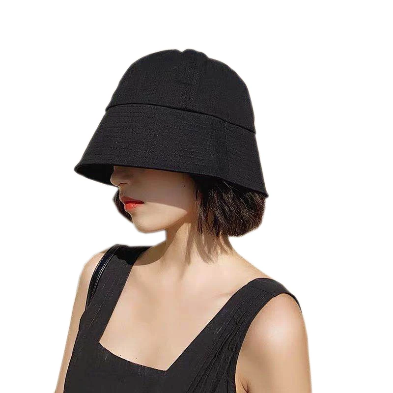 

2020 New Vintage Black Bucket Hat Women Summer Casual Street Sun Hat Korean Visor Bucket Cap Solid Color Adjustable Cotton Hats