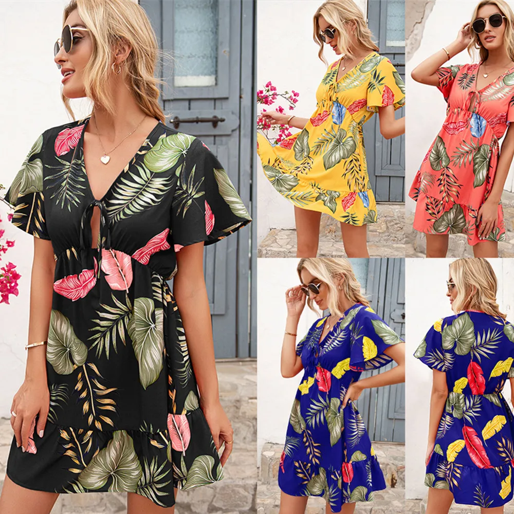 

2021 Boho Floral Printed Dress Short Sleeve Women Sundress Ladies Mini Dress Harajuku Vestido De Mujer Summer Beach Dresses