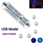 Модель мощного синего лазерфонарь фонаря с USB, 445нм, 10000 м, многофункциональный Фокусируемый лазерный прицел, указатели, фонарик, Ожоговая спичка