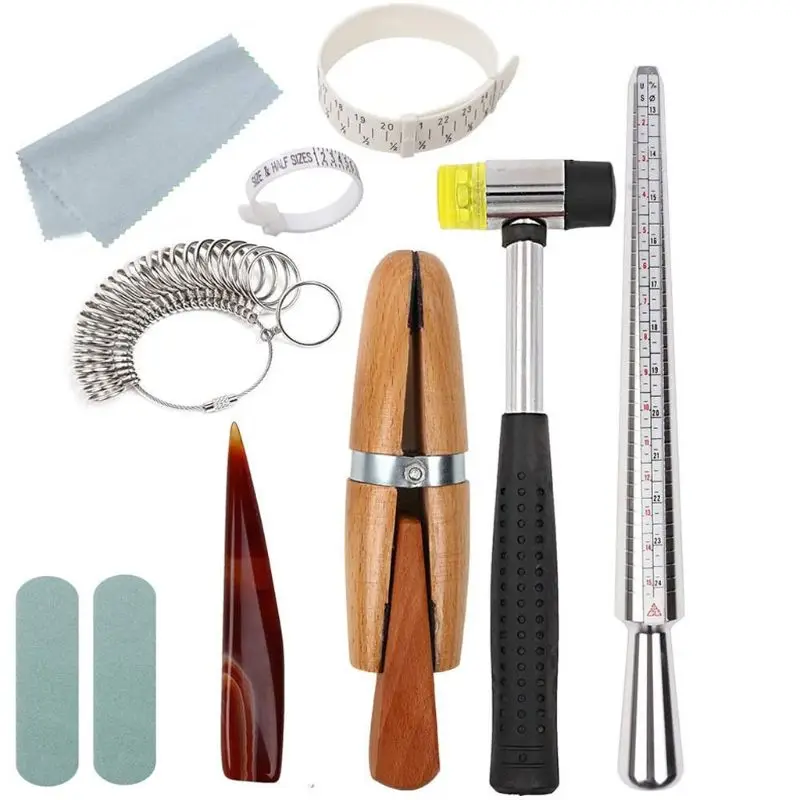 

11Pcs Metal Mandrel Finger Sizing Guage Jewelers Hammer Ring Clamps Tools Kit 83XF