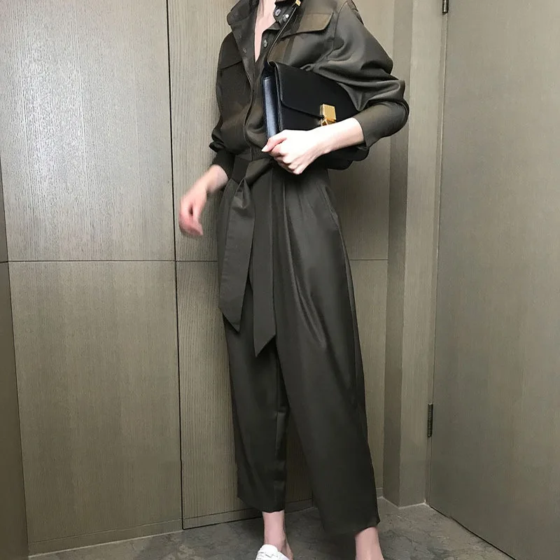 

Decoration Three-dimensional Pocket Tooling High Waist Loose Pleated Fashionable Nine-point Jumpsuit