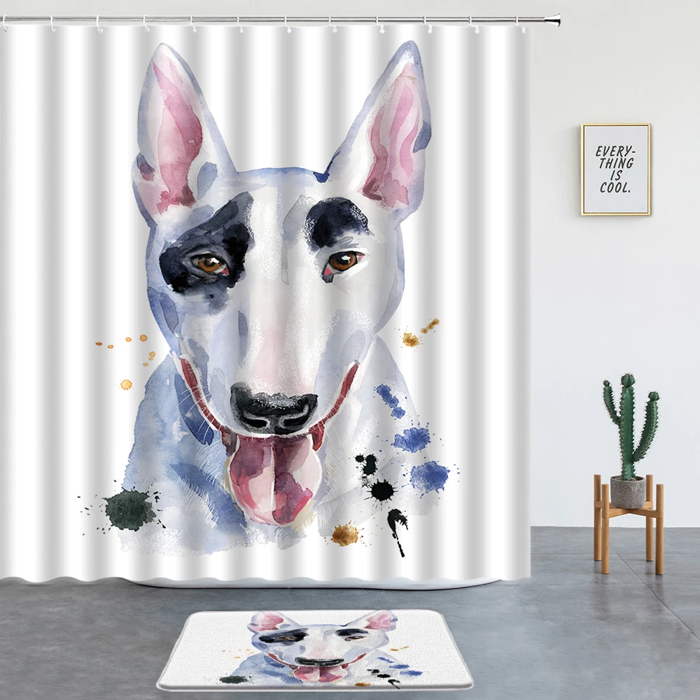 

2 pcs Cartoon Animal Dog Print Shower Curtains Set Kids Bathroom Decor Screen Bath Mat Watercolor Entrance Door Mat Non-slip Rug