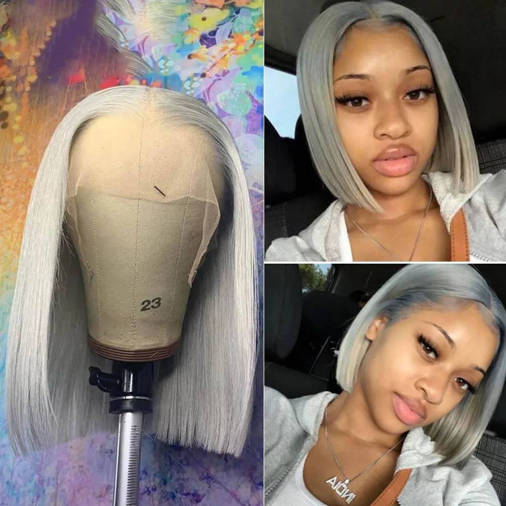 

Ash Blonde Short Cut Bob Silky Gray Straight Synthetic Front Lace Wig For Black Women Babyhair Preplucked Cosplay Heat Resistan