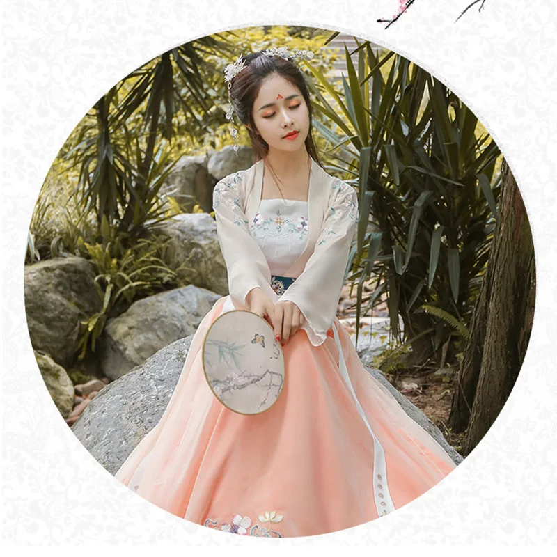 

White Dynastie Tang Chinese Traditional Hanfu Costume Cotton Han Element Women Pink Skirt Elegant Costume Clothing 2019 Vintage