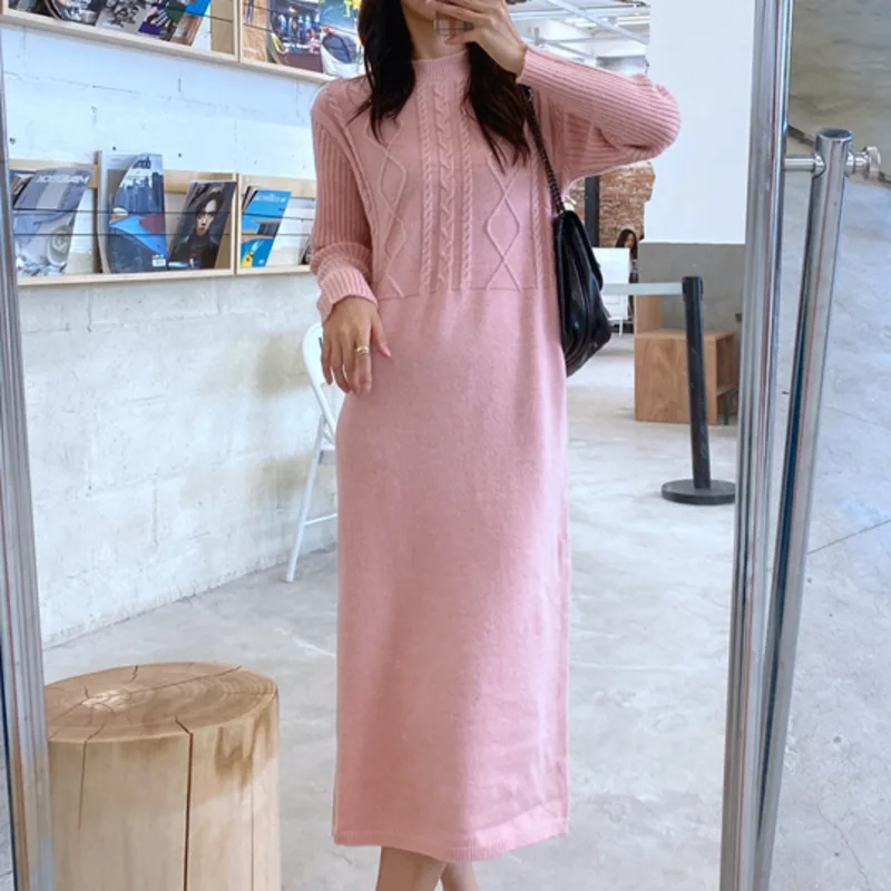 

Casual Women Knitted Dresses O Neck Long Sleeve Pullover Sweater Robes Femme Winter Warm Clothing Elegant Lady Vestidos De Mujer