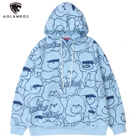 aolamegs hoodie men cute cartoon bear full print fleece pullover college style japanese hipster soft cozy tops couple streetwear