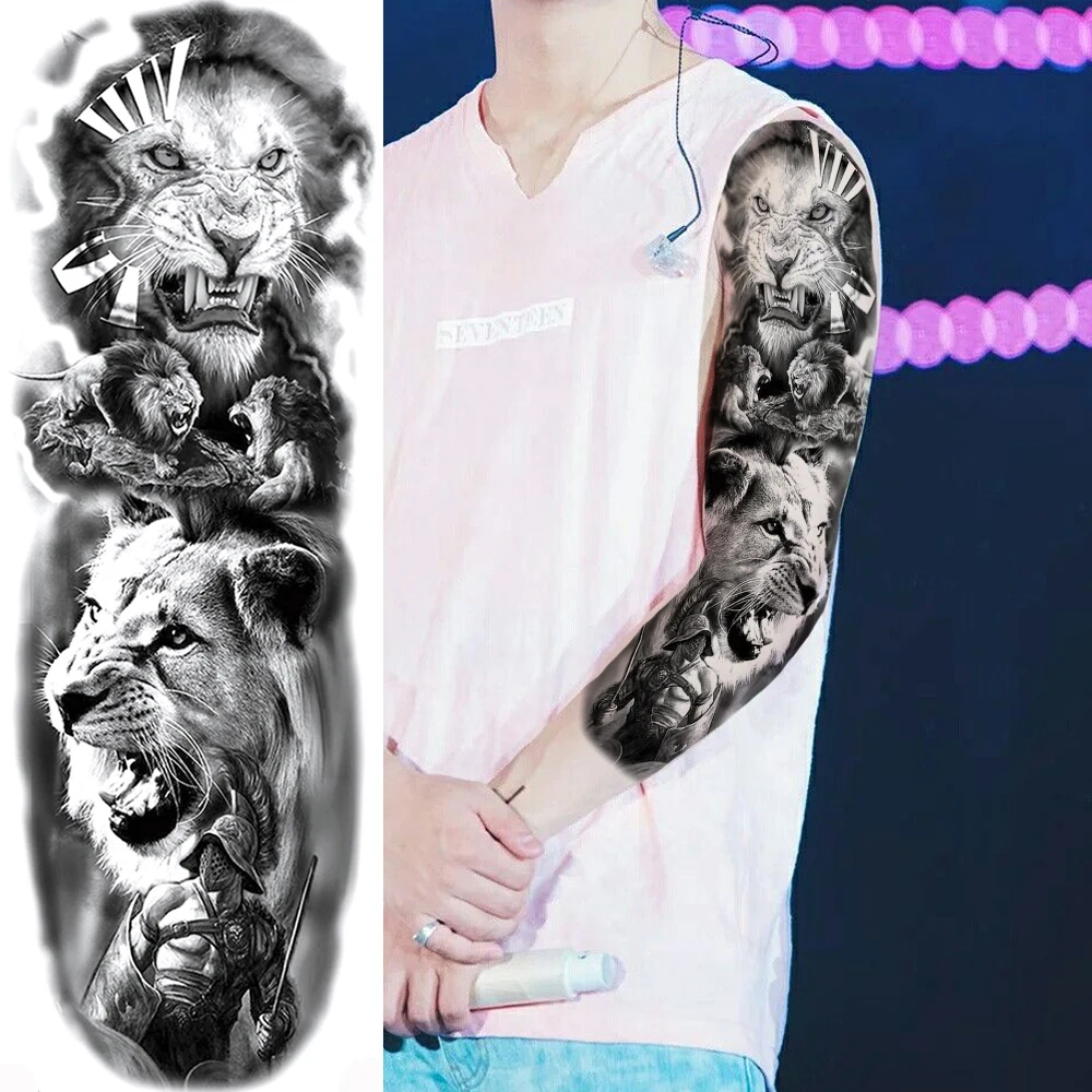 

Long Sleeve Temporary Tattoos For Women Men Adult Black Lion king Warrior Wolf Tattoos Sticker Realistic Fake Full Arm Tatoos