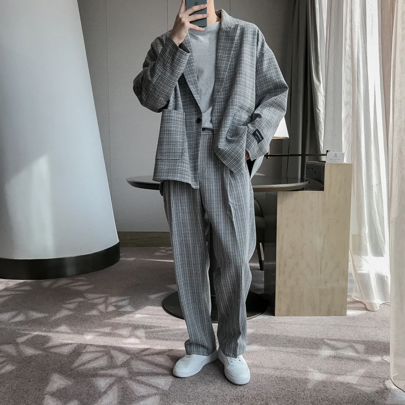 

Male Streetwear Vintage Fashion Suits Men 2 Pieces Casual Loose Plaid Suit Blazers Jacket+pant Sets