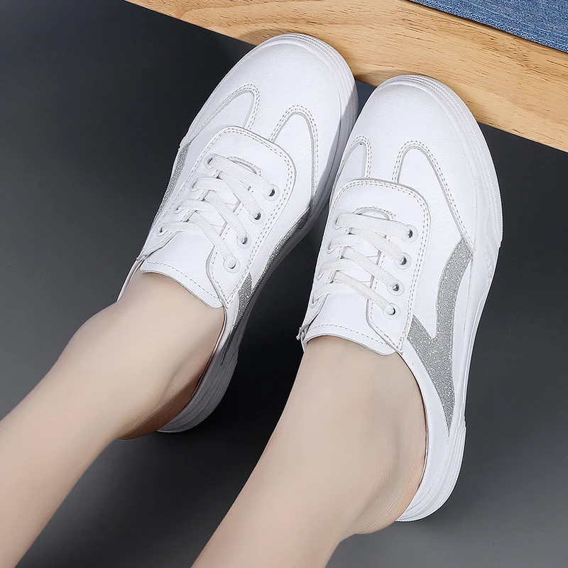 

CRLAYDK Women Summer Leather Shoes Casual Lace up White Mules Flat Slippers Walking Slip on Sneakers Ladies Loafers Mocasines
