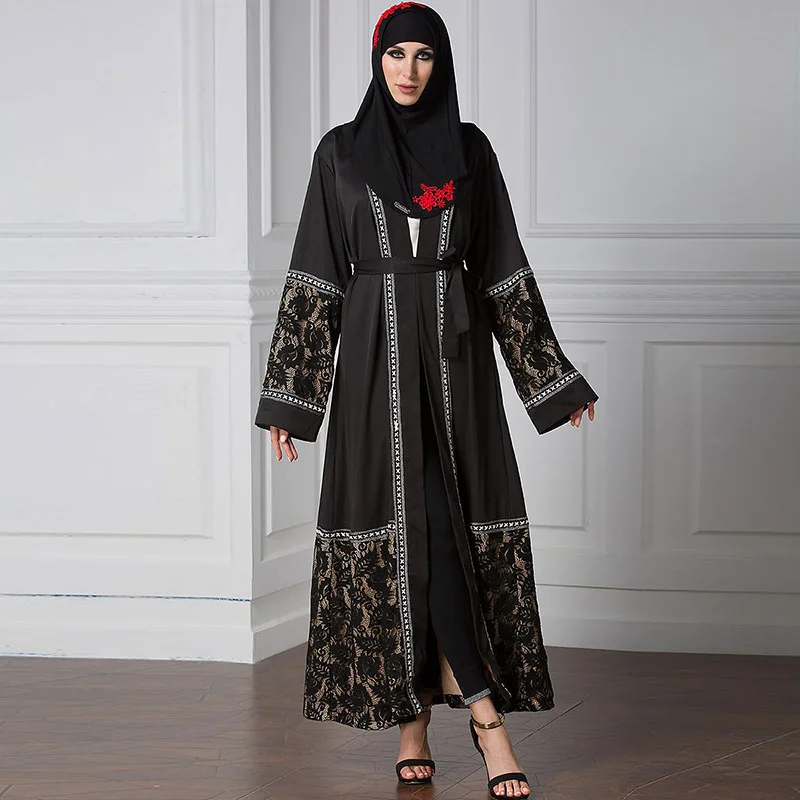 Abaya Islam Gaun Indonesia Renda Wanita Cardigan Jubah Muslim Hitam Renda Jubah Arab Nasional Turki Dubai Hijab Gaun Panjang