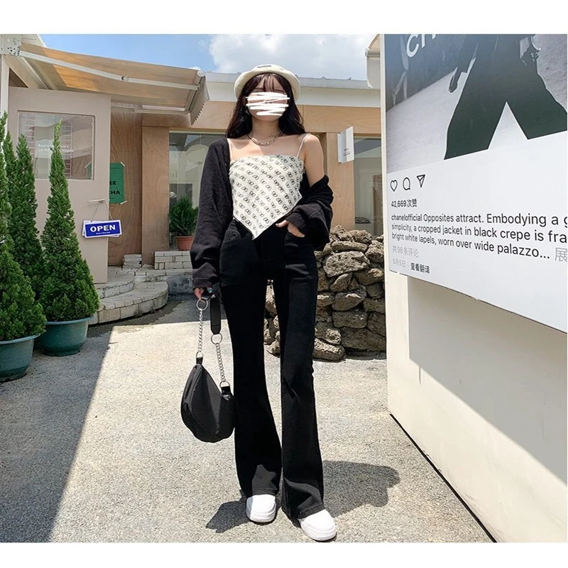 

Blue Black Jeans Women Denim Flared Trousers Vintage Blue Jeans Push Up Cotton Button Denim Black Pants High Waist Light Jeans