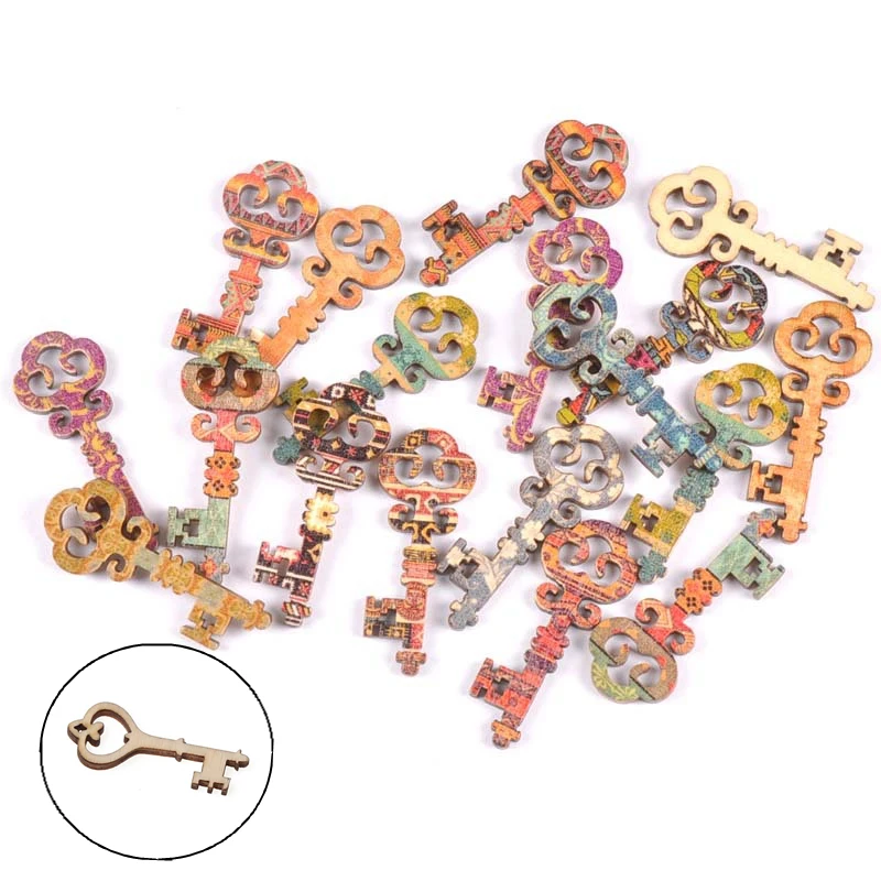 

20/50Pcs Retro Key Wood Crafts Hollow Key Shaped Pendant Printed 16*40mm Handmade Diy Scrapbooking Embellishments Ornament Decor